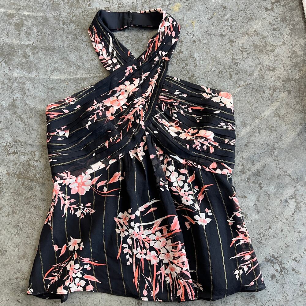 Joie Silk Tropical Floral Black Halter Top Metallic Shimmer Vacation Blouse 4